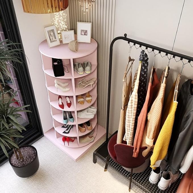 6-Tier Rotating Shoe Rack Tower, 360 Spinning Shoe Rack, Modern Free Standing Spinning Shoe Organizer, Rotating Lazy Susan Shoe Racks for Entryway Doorway, Holds Up to 24 Pairs of Shoes(Pink)
