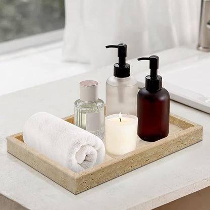 Travertine Tray,Bathroom Vanity Tray Non-Ceramic/Non-Resin,Marble Perfume Decorative Tray 12 x 8 inch (Travertine)