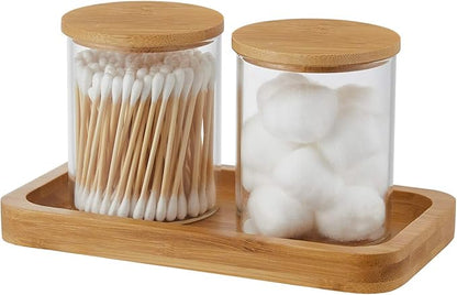 INIUNIK Qtip Holder with Bamboo Vanity Tray, Glass Apothecary Jars with Lids, Cotton Ball Swab Pad Rounds Holder Bathroom Canister Jars for Bathroom Restroom Decorations and Organizer