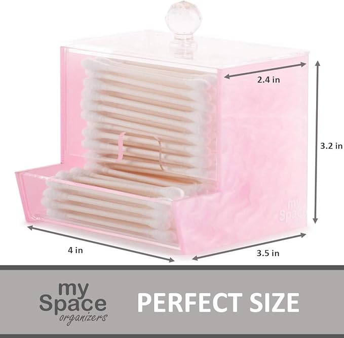 My Space Organizers Pink Acrylic Qtip Holder for Qtip Brand Cotton Swab Holder, Qtip Dispenser, Modern Bathroom Decor Organizer for Countertop Vanity Storage (Pink)