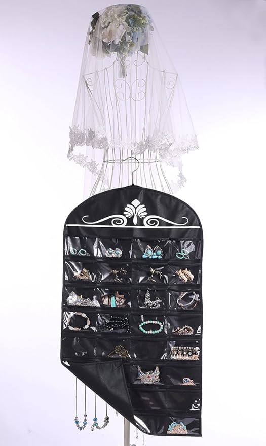 MISSLO Jewelry Hanging Non-Woven Organizer Holder 32 Pockets 18 Hook and Loops - Black