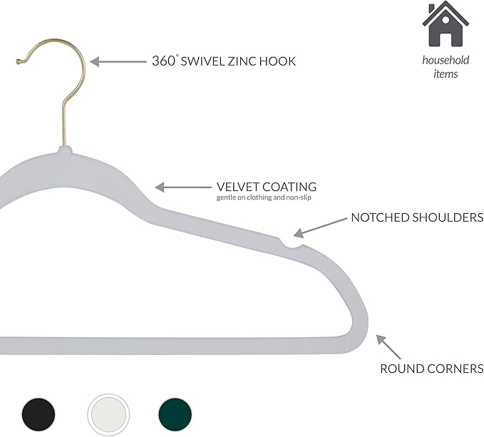 Simplify Slim Velvet Gold Hook Clothes Hangers 100 Pack | Non-Slip | Shirts | Suit | Pants | Dresses | Garments | Closet Storage & Organization | Durable | White