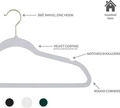 Simplify Slim Velvet Gold Hook Clothes Hangers 50 Pack | Non-Slip | Shirts | Suit | Pants | Dresses | Garments | Closet Storage & Organization | Durable | White