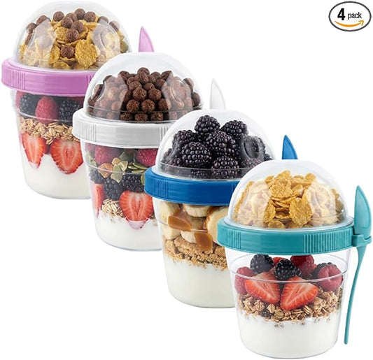 4 Pack 17 oz Small Breakfast On The Go Yogurt Parfait Cups, Reusable Plastic Containers with Lids and Spoons, Perfect Jars for Overnight Oats Cereal Granola Oatmeal (4 Colors Set)