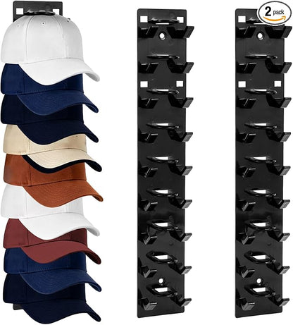 2 Pack Black Hat Organizer - Hat Rack for Wall & Cap Organizer, Strong Adhesive Multilayer Storage Holder, Wall Mounted Hooks Hold 18 Hats, Easy to Install for Bedroom & Closet Door