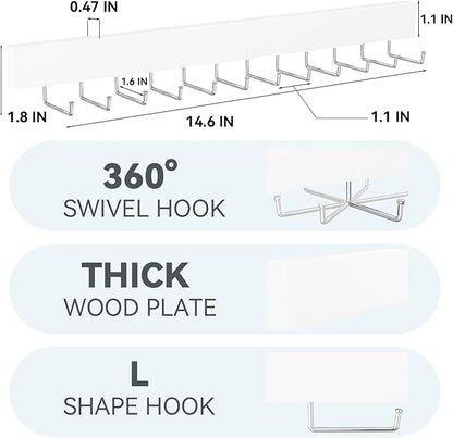 Tie Rack Wall Mount, Adhesive Wooden Closet Tie Hanger with 24 Metal Hooks, Large Capacity, 2 Installation Options, White, 2 Pcs