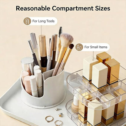 Makeup Brush Holder with Lid, 360° Rotating Makeup Organizer, Large Capacity Dustproof Storage Box & Lipstick Display Stand, Multifunctional Desktop Vanity Organizer with Easy Access