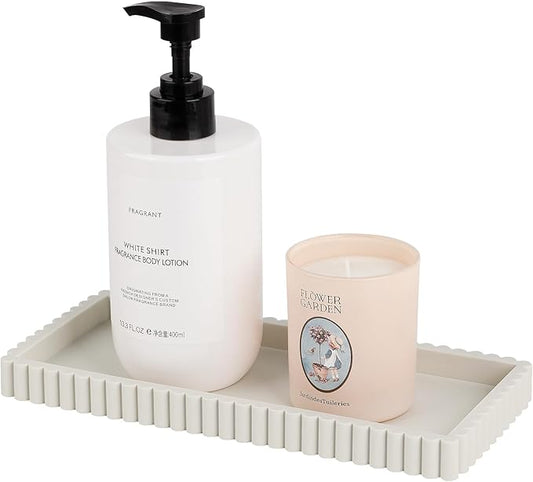 Silicone Bathroom Tray Small Vanity Organizer Rectangle Sink Caddy Sponge Holder Kitchen Counter Decor for Dish Soap, Perfume, Candle, Beige