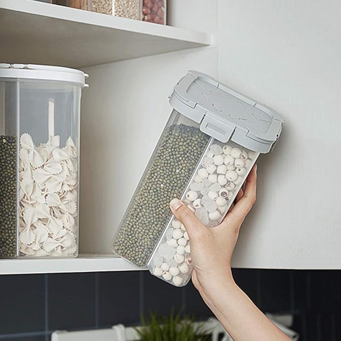 WINIAER Airtight Cereal Storage Container, Clear 2.3L Airtight Kitchen Food Storage Container with Lids and Compartments for Grain, Sugar, Flour, Rice, Nuts, Snacks