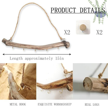 Qenk 2Pcs 15 Inch Natural Driftwood Decorative Branches Farmhouse Home Wall Hanging Decor Hanging Jewelry Organizers with 5 Hooks