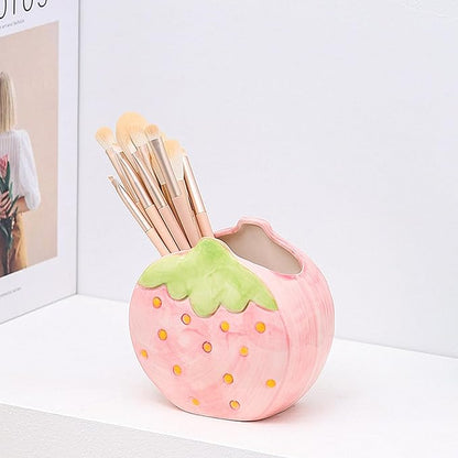 TANG SONG Ceramic Strawberry Make up Brush Holder Cosmetic Storage Box Pen and Pencil Holder Desktop Organizers (Pink)