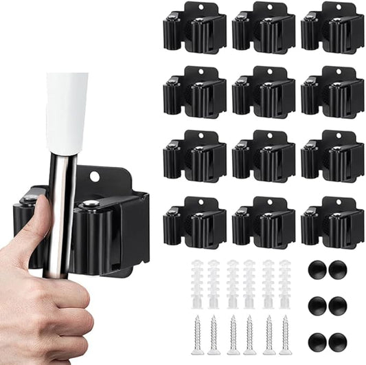 JAMEND CLXP 12PCS Broom and Mop Holder, Heavy Duty Garden Tool Organizer Rack Rake and Shovel Handle, Stainless Steel Mop Hanger. Wall Mounted with Screws.Matte Black
