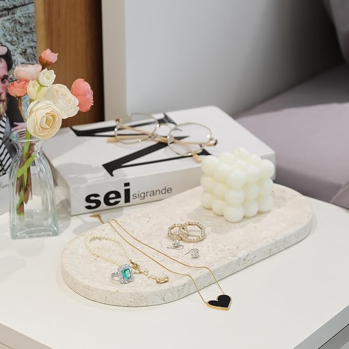 Koville Marble Tray for Bathroom Countertop, 12"x6" Beige Marble Vanity Storage Trays for Perfume, Cosmetics, Jewelry, Stone Tray for Kitchen, Decorative Trays for Dresser Organizer