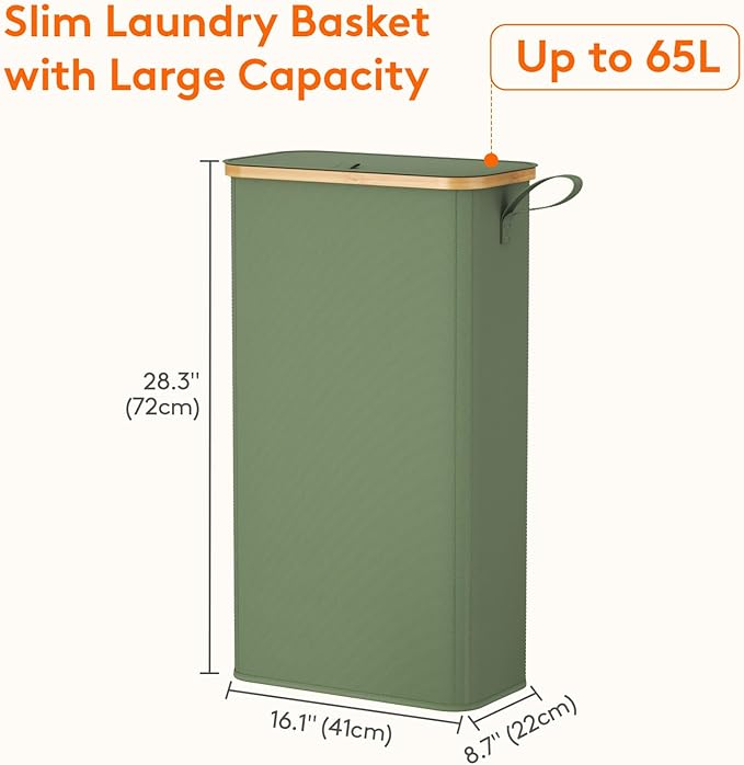 Lifewit 65L Slim Laundry Hamper with Lid, Narrow Laundry Basket with Removable Bag & Bamboo Handles, Fodable Thin Dirty Clothes Hamper for Laundry Collapsible Bin for Bathroom Bedroom Dorm, Green