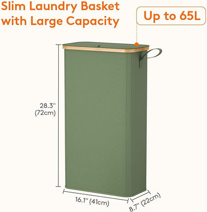 Lifewit 65L Slim Laundry Hamper with Lid, Narrow Laundry Basket with Removable Bag & Bamboo Handles, Fodable Thin Dirty Clothes Hamper for Laundry Collapsible Bin for Bathroom Bedroom Dorm, Green