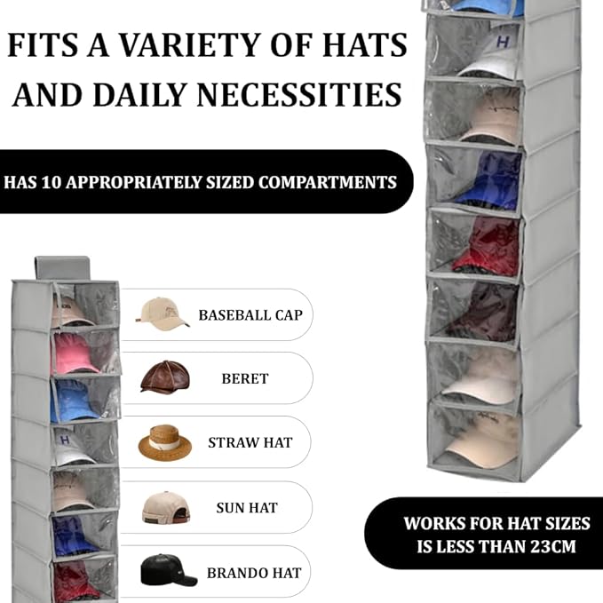 Hat Organizer, 10 Shelf Hanging Organizer for Baseball Caps, Collapsible Hat Rack Storage with Dust Cover, Space-Saving Hat Holder Display for Closet, Dorm, Bedroom, Apartment (Gray)