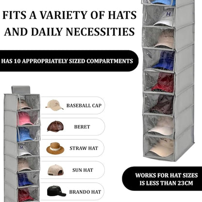 Hat Organizer, 10 Shelf Hanging Organizer for Baseball Caps, Collapsible Hat Rack Storage with Dust Cover, Space-Saving Hat Holder Display for Closet, Dorm, Bedroom, Apartment (Gray)