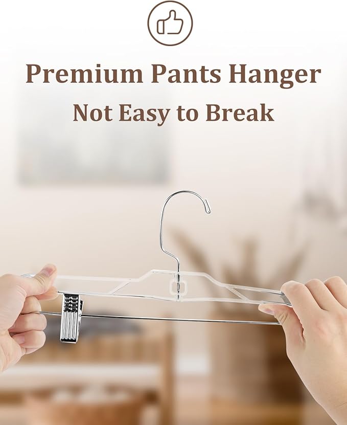 AMKUFO Pants-Hangers-with-Clips-15-Pack, 14 Inch Clear-Plastic-Skirts-Hangers-with-Adjustable-Clips for Shorts Jeans Trousers, Clothes-Hangers Non-Slip Clip-Hangers