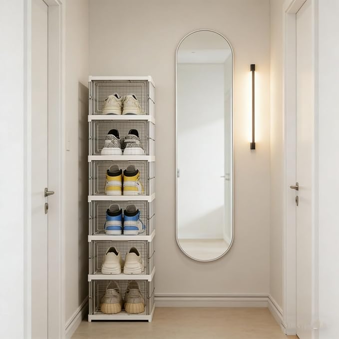 Cocoarm Clear Shoe Storage Box, Stackable Plastic Organizer, Quick Fold Design for Sneakers and Boots, Holds Size 12 for Closet or Entryway (6 Layers 10.04x13.58x41.34in)