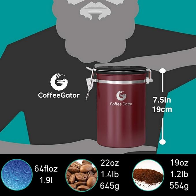 Coffee Gator Coffee Canister, Airtight Stainless Steel Kitchen Food Storage Container with Date Tracker, Scoop for Sugar, Grounds Coffee, Beans,Tea, Sugar, Cereal, Flour, Cookies Jars (Red, 22oz)