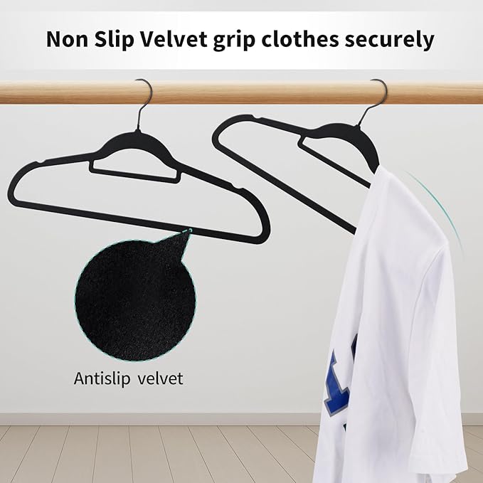 Black Velvet Hangers 30 Pack - Non Slip Clothes Hangers, Ultra Slim Hangers, Space Saving Swivel Black Hook, Suit, Top, Tie, Shirt, Skirt & Pant Felt Hangers, Black Hangers