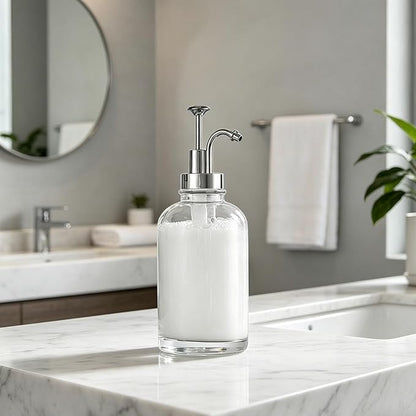 Asixxsix Coffee Syrup Dispenser, 500ml Clear Thickened Glass Soap Dispenser Bottle with PP Press Pump, High and Low Temperature Proof, Syrup Containers for Maple Honey (Silver Pump Head)