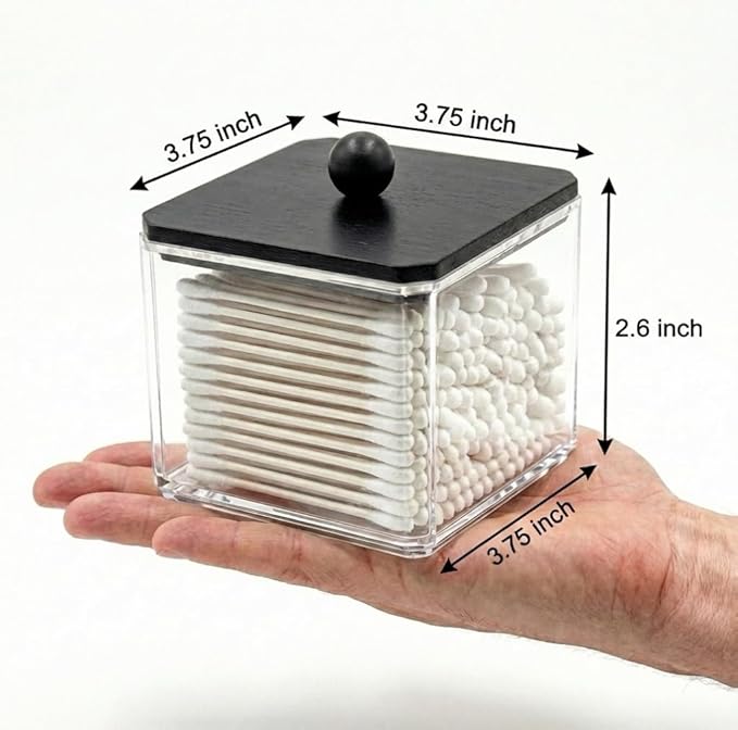 SheeChung Qtip Holder for Bathroom - Acrylic Cotton Swab Dispenser with Black Wood Lid, Clear Apothecary Jar for Cotton Balls, Pads, Flossers, Farmhouse Bathroom Vanity Organizer (1 pack)