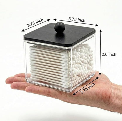 SheeChung Qtip Holder for Bathroom - Acrylic Cotton Swab Dispenser with Black Wood Lid, Clear Apothecary Jar for Cotton Balls, Pads, Flossers, Farmhouse Bathroom Vanity Organizer (1 pack)