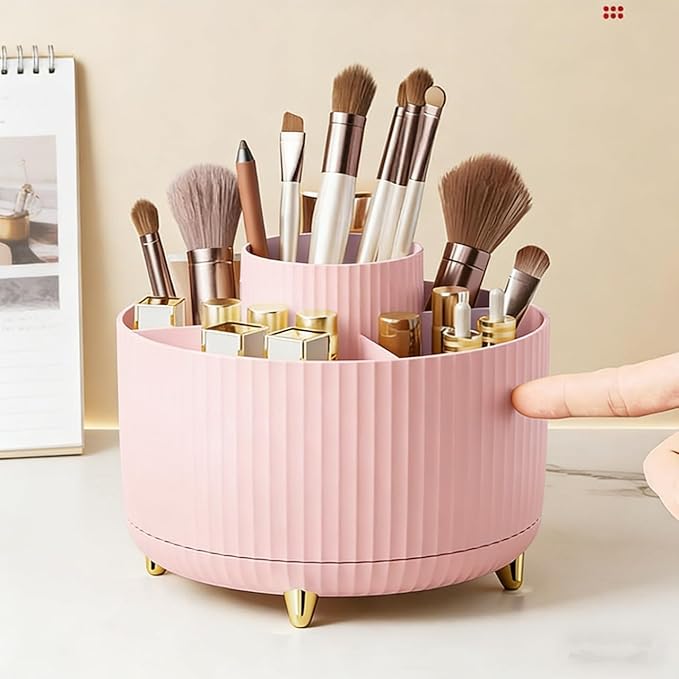 360 Degree Rotating Makeup Brush Holder Organizer Detachable Design 5 Slot Make up Brushes Cup for Cosmetics and Pencil Pen Organizer for Desk Makeup Organizer Skincare Storage for Vanity (pink2)