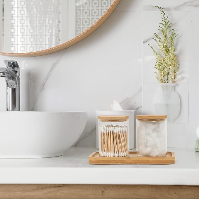 BKYFPQ Bamboo Vanity Tray, Bathroom Tray Organizer Glass Qtip Holder Dispenser Apothecary Jars for Cotton Swabs Balls, Round Pad, Perfume Candles, Cosmetics and Jewelry Storage Organizer