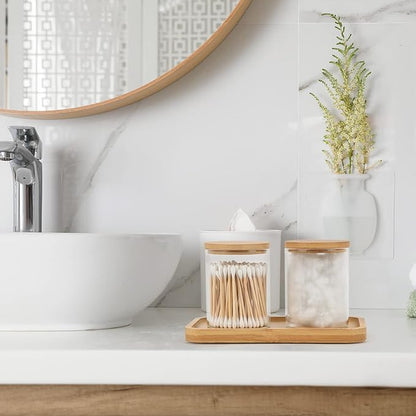 BKYFPQ Bamboo Vanity Tray, Bathroom Tray Organizer Glass Qtip Holder Dispenser Apothecary Jars for Cotton Swabs Balls, Round Pad, Perfume Candles, Cosmetics and Jewelry Storage Organizer