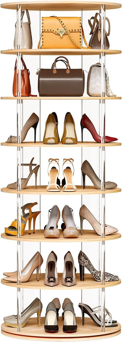 TAKEKIT 7-Tier Rotating Shoe Rack, 360 Degree Spinning Shoe Rack Tower, Lazy Susan Storage Tower Made of Acrylic and Wood, Round Rotating Organizer Shelf for Closet, Entryway and Bedroom