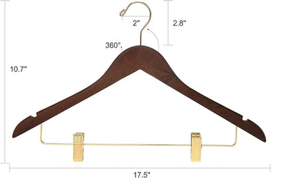 Quality Hangers Quality Wooden Skirt Hangers with Clips 80-Pack Walnut Pants Adjustable Gold Metal Clips, Swivel Hook, Coat, Jacket, Blouse Suit (Walnut - 80) 17.5'' inch
