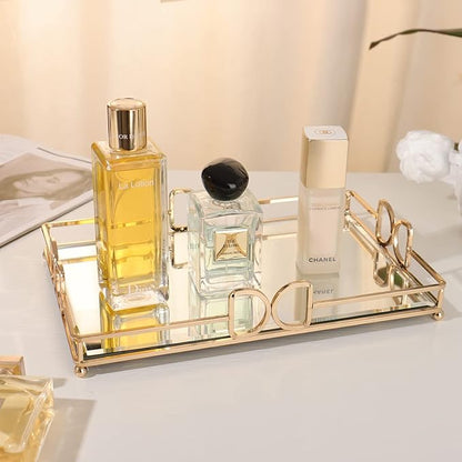 Gold Mirror Tray: Elegant Makeup/Vanity Tray, Luxury Rust-Proof Glass for Bathroom & Bedroom