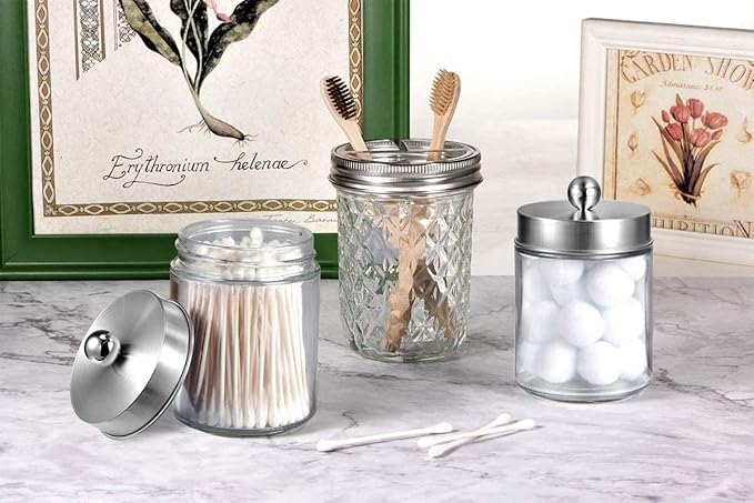 Amolliar Apothecary Jars Bathroom Vanity Organizer -Countertop Canister Jar with Storage Lid - Qtip Dispenser Holder Glass for Qtips,Cotton Swabs,Makeup Sponges,Hair Band - Brushed Nickel (1 Pack)