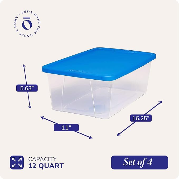 HOMZ 4-Pack Snaplock, Small Clear Plastic Storage Organizer Bins w/Lids, 12 Quart, Blue - Stackable Container Boxes for Bedroom, Bathroom, Garage, and Office Organization
