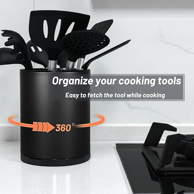 Kitchen Utensil Holder for Countertop 360° Rotating Utensil Caddy Extra Large Utensil Crock Cooking Utensil Holder for Kitchen Counter (Black)