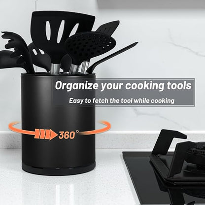 Kitchen Utensil Holder for Countertop 360° Rotating Utensil Caddy Extra Large Utensil Crock Cooking Utensil Holder for Kitchen Counter (Black)