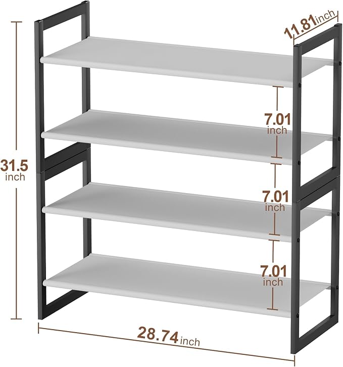 4-Tier Shoe Rack for Closet & Entryway, Stackable Shoe Organizer with Screw-Fastened Metal Frame, Less Wobble Design, Heel-Friendly Non-Woven Shelves, 11.8" Deep Space-Saving Shoe Storage Black