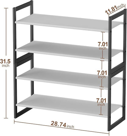 4-Tier Shoe Rack for Closet & Entryway, Stackable Shoe Organizer with Screw-Fastened Metal Frame, Less Wobble Design, Heel-Friendly Non-Woven Shelves, 11.8" Deep Space-Saving Shoe Storage Black