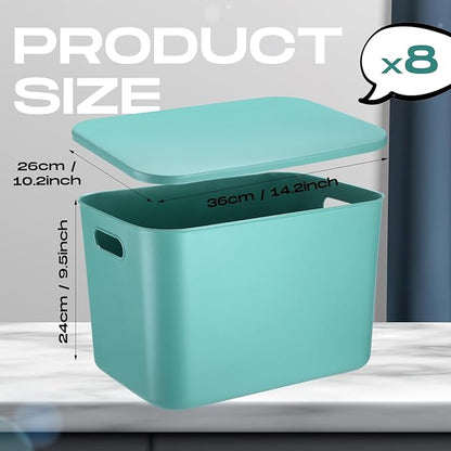 Hoolerry 8 Pieces Colorful Storage Bins with Lid, Plastic Storage Basket Organizing Container Stackable Box with Handle for Shelves Desktop Playroom Office(14.2 x 10.2 x 9.5 Inch,Green)