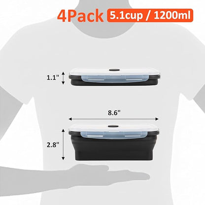 Collapsible Silicone Food Storage Containers Set with Lid & Air Vent,Foldable Lunch Containers(4PCS,Black,40oz)