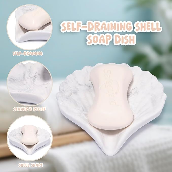 ZAWUU Resin Draining Seashell Soap Dish with Embossed Design – Bar Soap Holder for Bathroom & Kitchen, Multiuse Jewelry Tray (White Marble, Seahorse)
