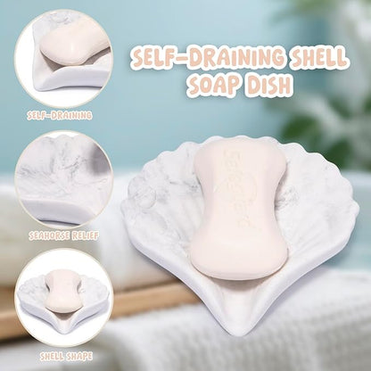 ZAWUU Resin Draining Seashell Soap Dish with Embossed Design – Bar Soap Holder for Bathroom & Kitchen, Multiuse Jewelry Tray (White Marble, Seahorse)