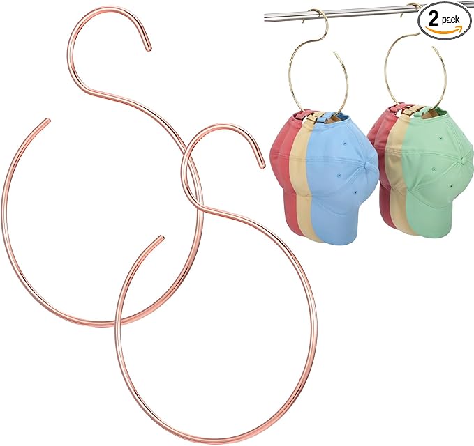 2 Pack Hat Hangers for Closet, Holds 20 Baseball Caps Sturdy Rose Gold Cap Holder Space-Saving Hat Rack Organizer for Wall or Rod Mount