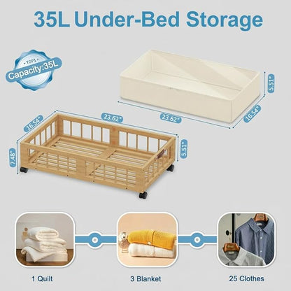 efluky 2-Pack Bamboo Under Bed Storage Containers with Wheels, Under Bed Clothes Storage Basket with Large Dust Bag, Rolling UnderBed Storage for Bedroom, Dorm and Basement, Nature