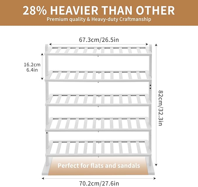 Varhomax White Shoe Rack, 5-Tier Bamboo Shoe Rack Organizer for Closet and Entryway, Thick Wooden Free Standing Shoe Shelf for Small Spaces, Sturdy & Versatile for Bedroom and Garage