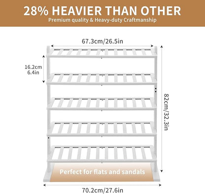 Varhomax White Shoe Rack, 5-Tier Bamboo Shoe Rack Organizer for Closet and Entryway, Thick Wooden Free Standing Shoe Shelf for Small Spaces, Sturdy & Versatile for Bedroom and Garage