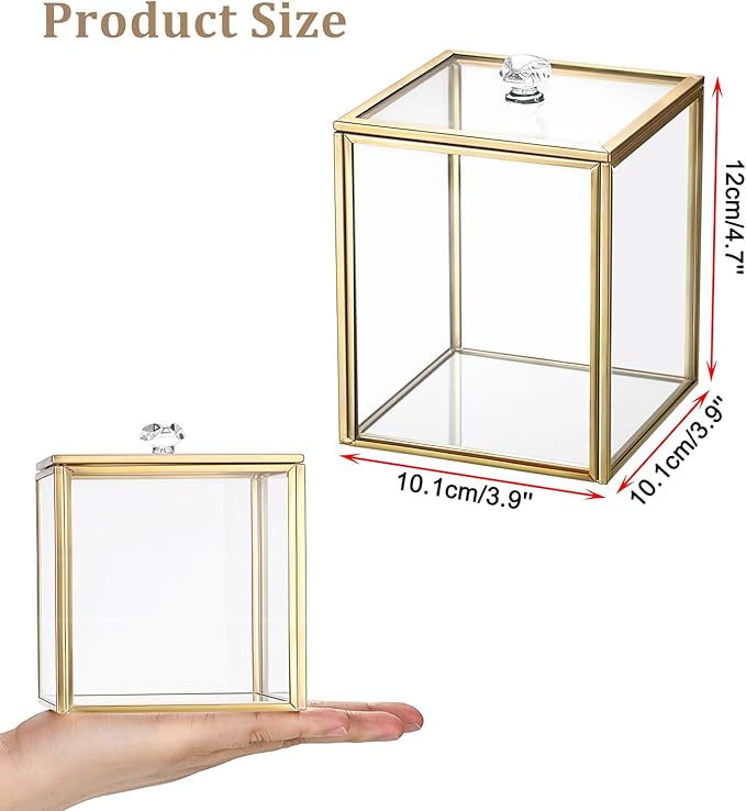 Hipiwe Gold Glass Vanity Box Vintage Apothecary Jars with Lids Cotton Pad Dispenser Qtip Holder Cotton Ball Swab Round Organizer Bathroom Canister Storage Jar for Q-tip, 3.9" L x 3.9" W x 4.7" H