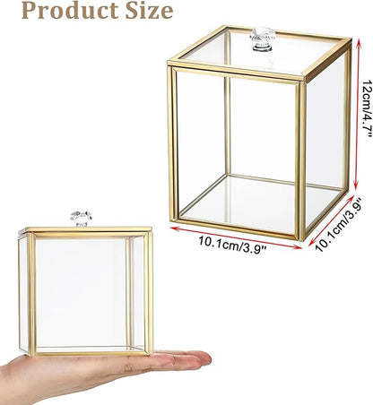 Hipiwe Gold Glass Vanity Box Vintage Apothecary Jars with Lids Cotton Pad Dispenser Qtip Holder Cotton Ball Swab Round Organizer Bathroom Canister Storage Jar for Q-tip, 3.9" L x 3.9" W x 4.7" H